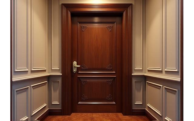 Elegant classic wooden door with intricate paneling and brass hardware in a traditional apartment entrance