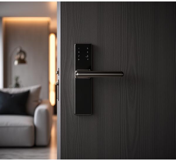 Modern wooden door with a sleek brushed metal handle and integrated smart display, in a contemporary apartment office